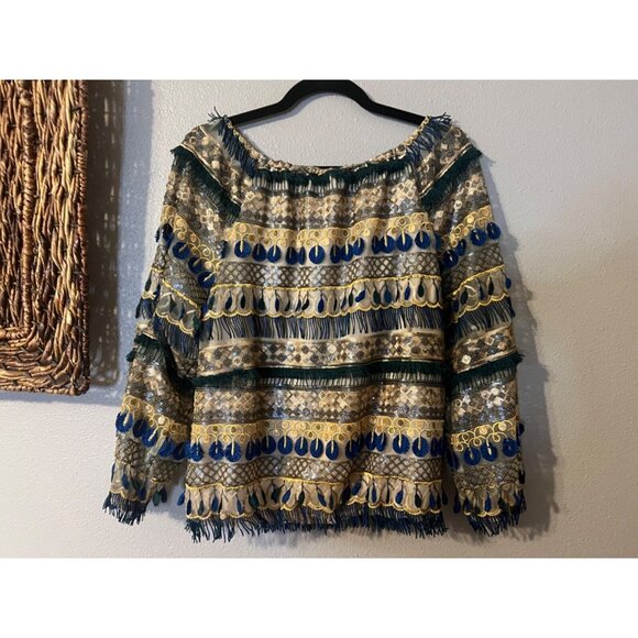 Alice + Olivia Top M Medium Off Shoulder Blue Gold Fringe Sequins - Picture 7 of 11